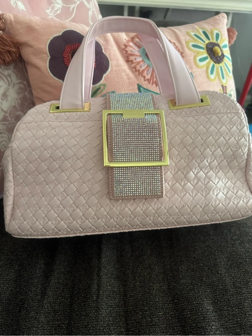 Elegant Pink Quilted Satchel with Crystal Buckle